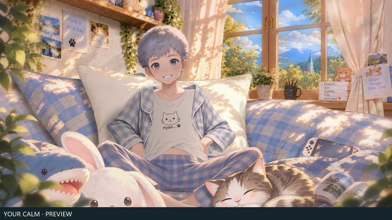 A warm illustrated room with a blue-plaid character and a sleeping cat by the window.