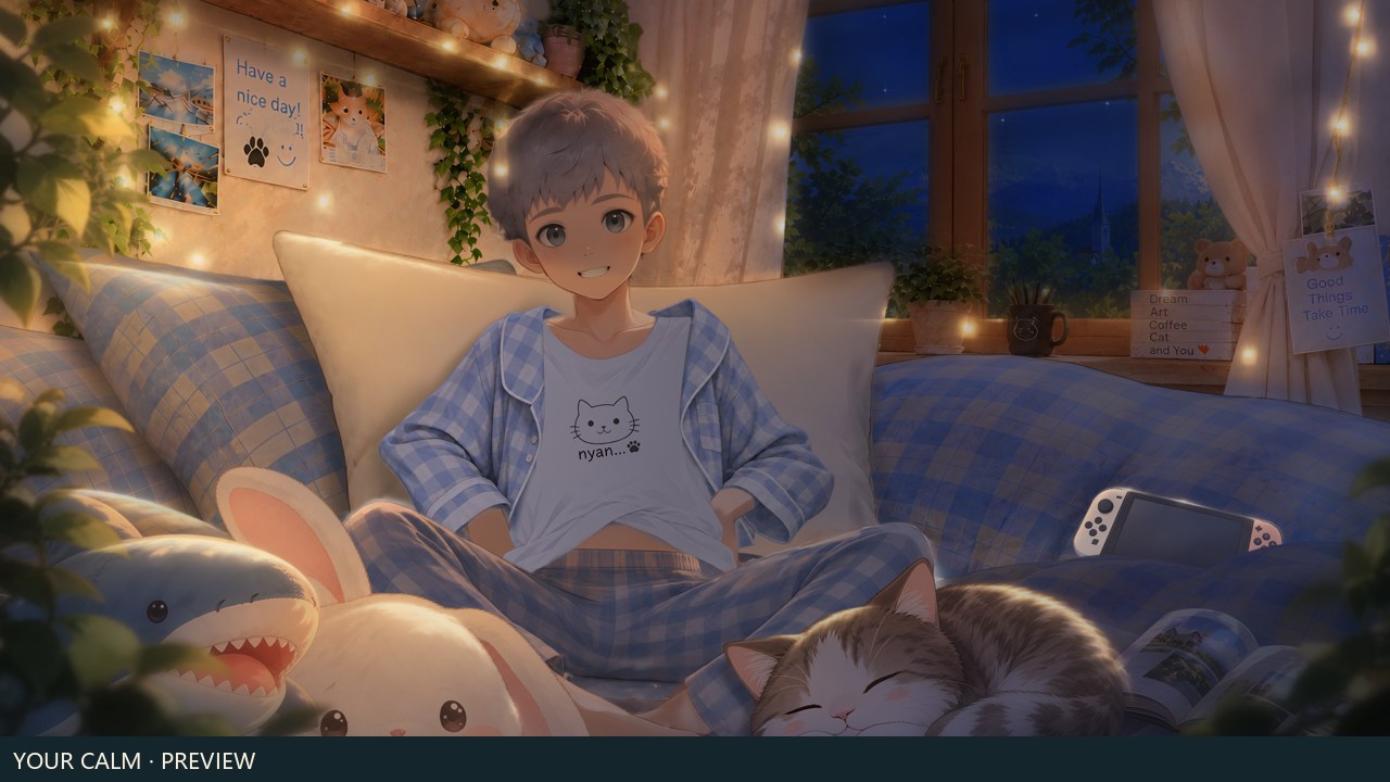 The same cozy room in soft night lighting.